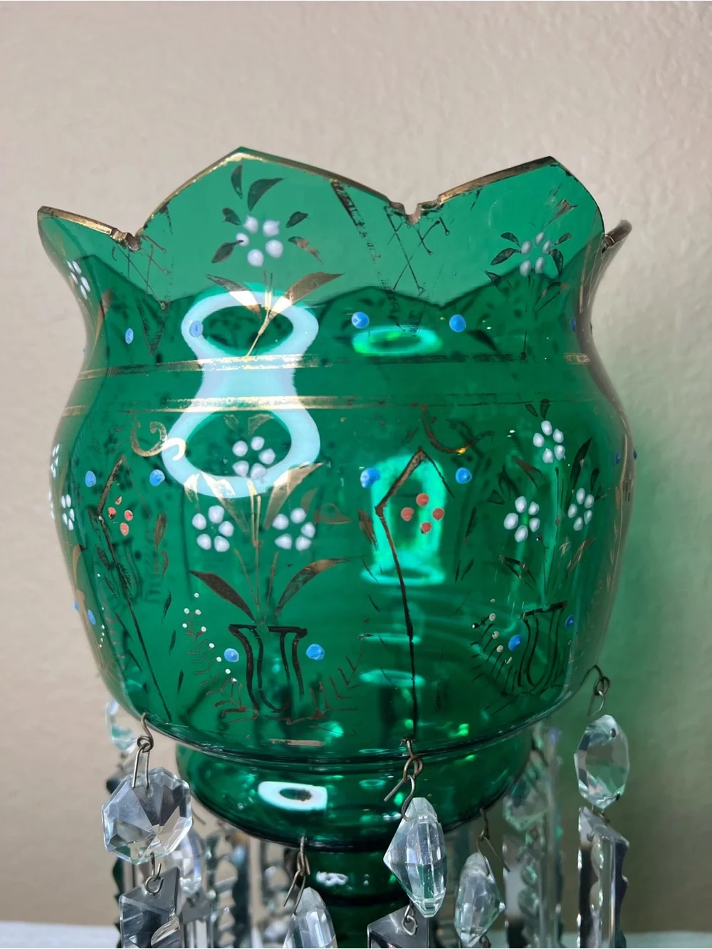 Antique Late 1800s Victorian Bohemian Glass Lustre Form, Emerald Green, Mantle
